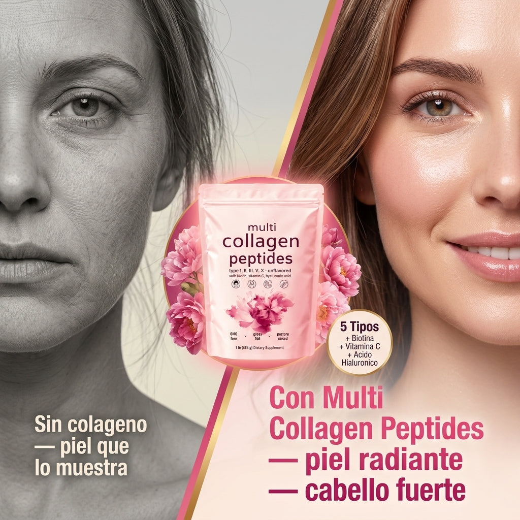 Multi Collagen Peptides — Piel Radiante, Cabello Fuerte y Uñas Perfectas Con 5 Tipos De Colágeno + Biotina, Vitamina C y Ácido Hialurónico ✨🌸