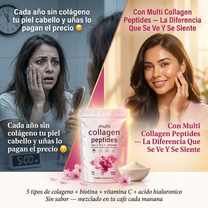Multi Collagen Peptides — Piel Radiante, Cabello Fuerte y Uñas Perfectas Con 5 Tipos De Colágeno + Biotina, Vitamina C y Ácido Hialurónico ✨🌸